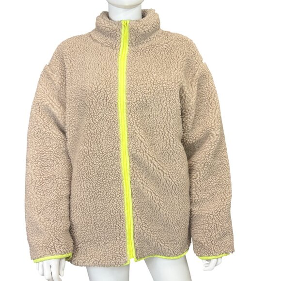 All Row Sherpa Women’s Jacket M/L Beige With Neon Yellow Trim Full Zipper - Picture 1 of 6